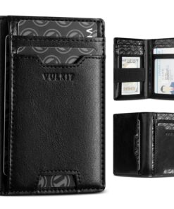 VULKIT Porte-cartes de crédit en cuir fin avec blocage RFID - Poche avant pour homme - Accès rapide avec 10 emplacements