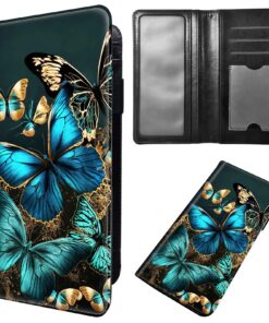 Étui de chéquier RFID en similicuir Papillon bleu doré pour chéquier personnel, classique et sécurisé avec porte-stylo