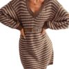 CUPSHE Robe pull décontractée à col en V pour femme en tricot côtelé à manches longues avec motif rayé + robe pull décon