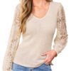 CUPSHE Haut pour femme élégant avec col en V et œillets en dentelle florale, manches longues, décontractés et tendance