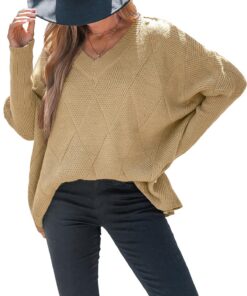 CUPSHE Pull surdimensionné chauve-souris femme - Tricot côtelé texturé à carreaux - Grande taille - Mode hiver - Chauffe