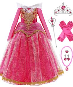 Robe de Princesse Aurore Déguisement Halloween Fille Couronne Baguette