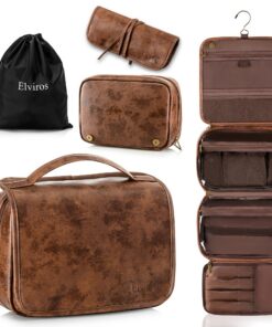 Elviros Trousse de Toilette Marron Foncé - Grande Capacité avec Crochet - Homme et Femme - Imperméable en Cuir PU - 3 en