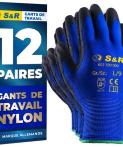 S&R 12 Paires Gants de Travail Nylon Homme Femme Gants Bricolage Jardinage Montage Mécanicien Taille 8 9 10