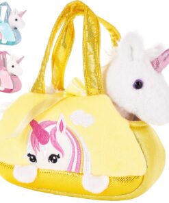 BRUBAKER Licorne en Peluche Blanche dans Un Sac à Main - Petit Doux Jouet pour Enfant - Sac de Voyage en Jaune - 20cm