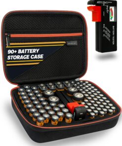 AKIELO Boîte Rangement Piles Universel - Organisation Efficace pour Plus de 90+ Piles AA, AAA, C, 9V - Testeur de Piles