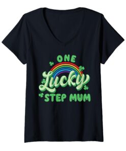 -One Lucky St Patricks Day Femme Col en V Trefoil Arc-en-Ciel T-Shirt -One Lucky Step Mum St Patricks Day Col en V Trefo